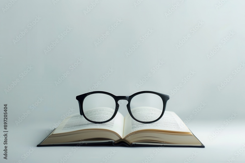 Poster eyeglasses sit on an open book with a plain white background. generative ai