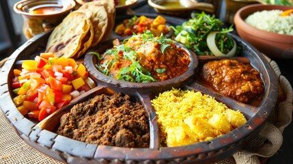 Obraz premium Ethiopian injera with an assortment of colorful stews and salads on a traditional platter.