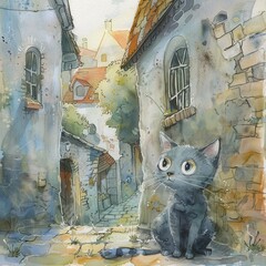A child like watercolor illustration of a curious and mischievous cat, in the streets of a village, very soft, gentle and cute illustration 
