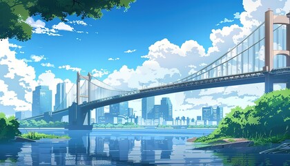 anime city background, skyline bridge with tall building anime cartoon style