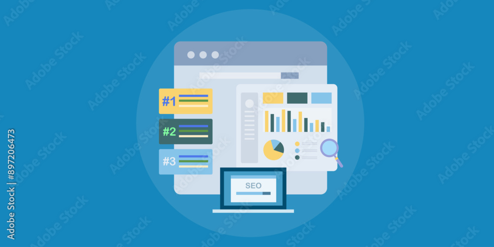 Poster seo analytics software tool display data, track keyword search ranking, website interaction details 