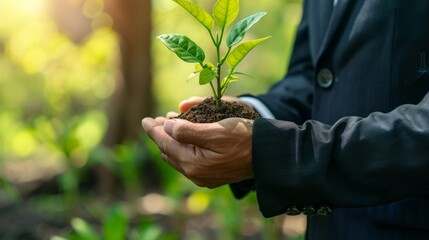 Environmental protection concept, businessman hand hold sapling, analyze investment sustainability, sustainable development, climate change, green energy recycle, Net zero. 