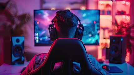 Obraz premium Person using a gaming chair with built-in speakers, highlighting comfort and immersion in gaming setups