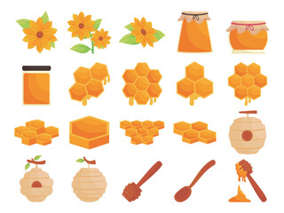 Set of hexagon honey products and liquid caramel syrup