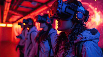 VR escape room experience with participants solving puzzles in a virtual environment, showcasing innovative gaming concepts