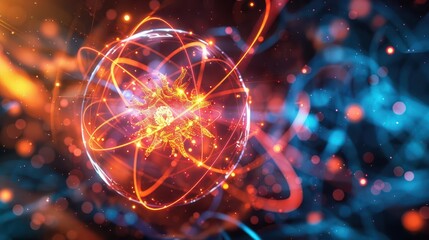 Vibrant electron orbit paths, nucleus interaction, atomic structure dynamics, subatomic energy, uhd, copy space for text,