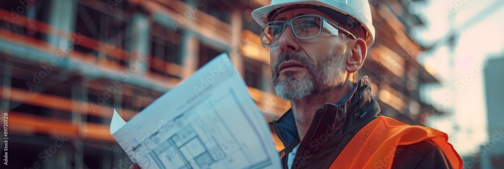 Poster engineer with helmet and blueprints at construction site during sunset. professional in engineering 