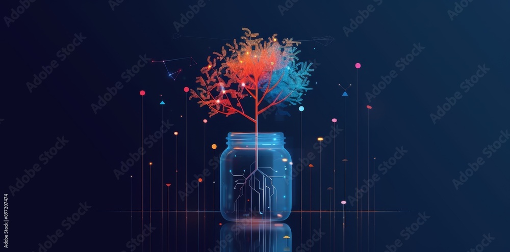 Poster ai brain in the shape of tree growing inside jar