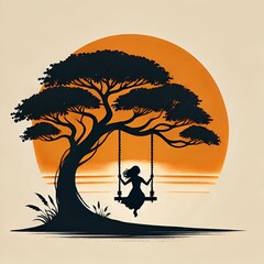 Illustration for Hariyali Teej with a silhouette of a woman swinging under a large tree.