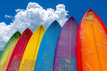 Colorful surfboard tips lined up, showcasing vibrant hues against blue sky and clouds.