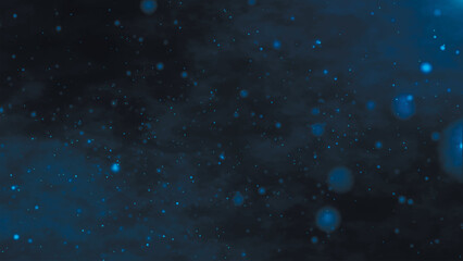 Shimmering, bright particles forming a line and wave flow. Smoke clouds and particle background. Particle movement on dark sky with clouds. Futuristic glitter in space on dark background. 3D vector 