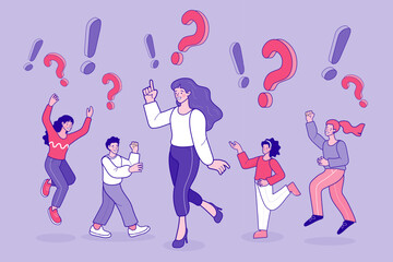 FAQ landing page website. woman standing near Question.