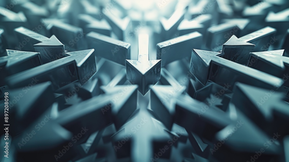 Poster multiple arrows converging towards a single point, representing focus and unity, in a modern design.