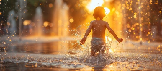 Naklejka premium A Child Playing in a Fountain at Sunset