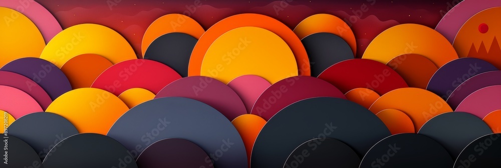 Poster a vivid abstract piece with layered circles in sunset shades, creating a mesmerizing visual experien