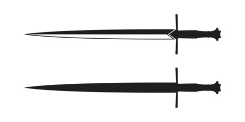 Silhouette of a sword on a white background, clear contours, classic shape, vector illustration.