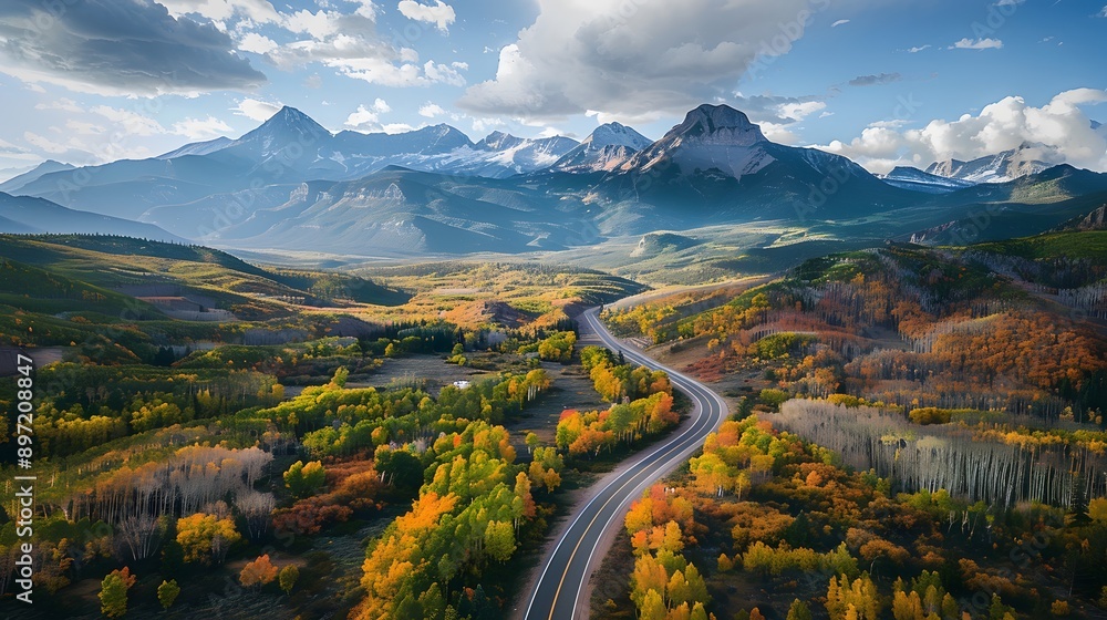 Sticker autumn road through mountain valley.