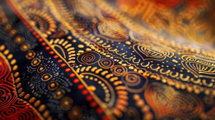 Beautiful traditional african fabric with intricate gold and red patterns woven into a stunning textile design