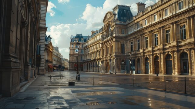 Paris 2024 Olympics countdown clock in a city square, with historic architecture surrounding.