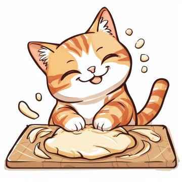recommend clip art: cat kneading dough, cartoon, kuwaii, white background 