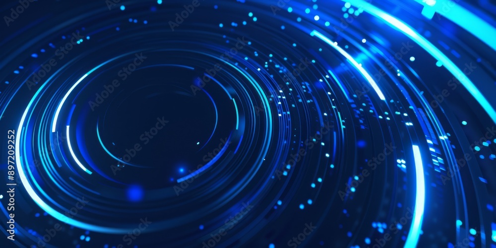 Poster a dynamic abstract vortex glows with blue light trails on a dark background, creating a mesmerizing 