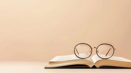 Eyeglasses resting on an open book against a simple, minimalist background. Generative AI