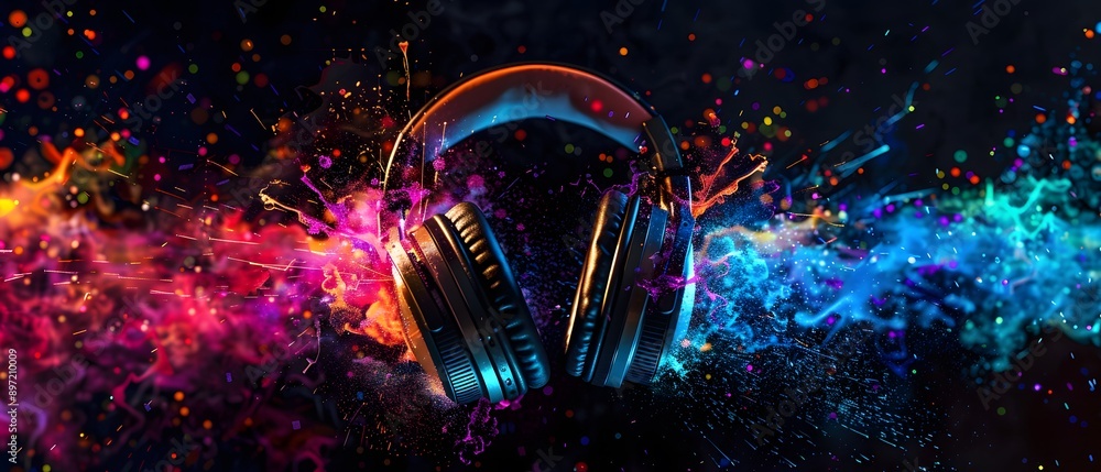 Poster headphones exploding with color.
