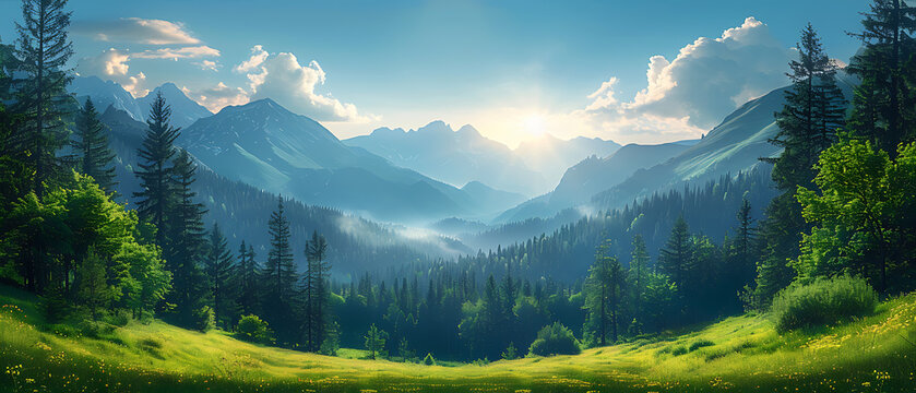 Breathtaking sunrise over majestic mountain range with lush green valley and pine forests, creating a serene and picturesque landscape.
