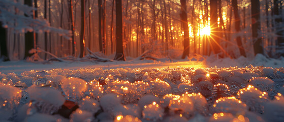 Golden sunlight filters through a snowy forest at sunrise, casting a warm glow over the frosty ground, creating a serene winter morning scene.