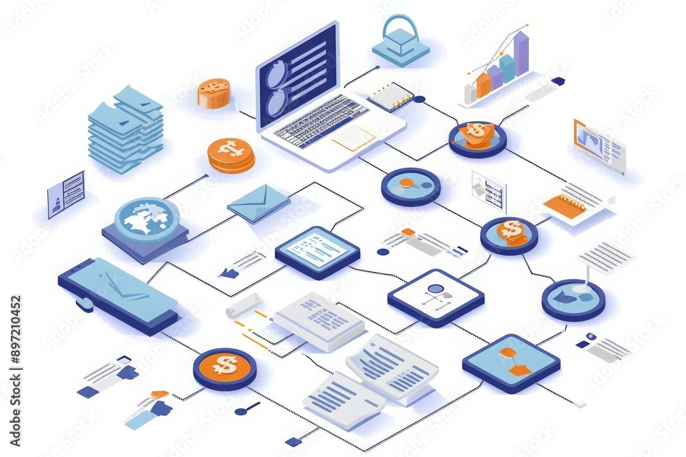 Poster a computer sits at the center of the image, surrounded by an assortment of devices and icons, creati