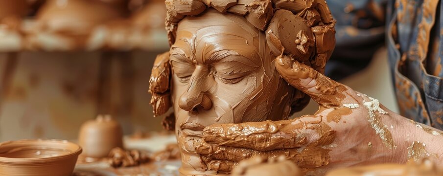 Close-up of hands sculpting clay in a pottery studio
