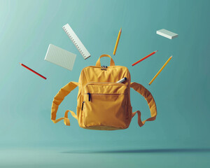 backpack with school supplies on blue background. Education concept. Back to school. school supplies floating in the air