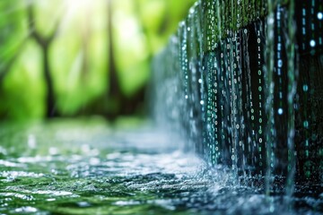 A detailed view of a water fountain with lush green trees providing a natural backdrop, Flowing waterfall with cascading binary numbers instead of water, AI Generated