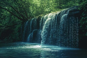 This stunning photograph captures a powerful waterfall surrounded by a vast body of water, Flowing waterfall with cascading binary numbers instead of water, AI Generated