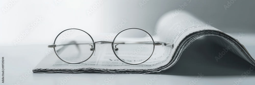 Fototapete round eyeglasses rest on the edge of an open book with a white background. generative ai