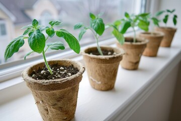 green tomato seedlings in peat pots on white windowsill indoors