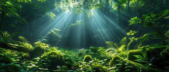 Sunlight streams through a lush, vibrant forest canopy, illuminating the green foliage and creating a serene, magical atmosphere in the jungle.