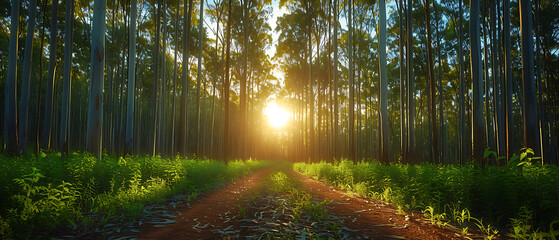 Obraz premium Sunrise in a serene forest with a dirt road surrounded by tall trees and green foliage, creating a peaceful and natural atmosphere.