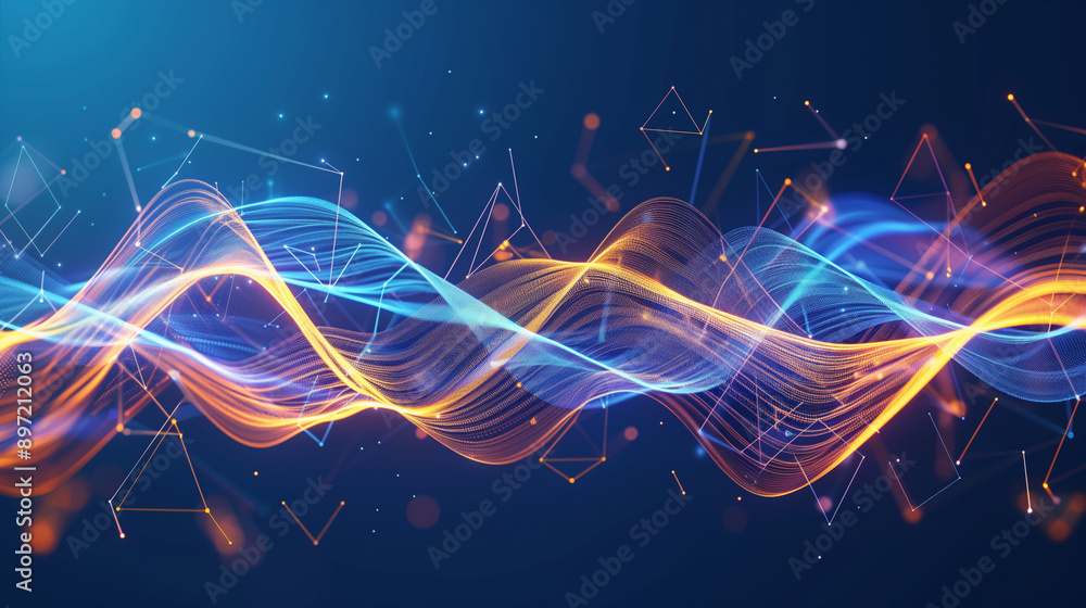 Poster a dynamic digital landscape of waveforms created by interconnected nodes and lines, set against a da