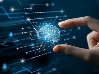 Digital human hand touching digital brain with artificial intelligence technology background