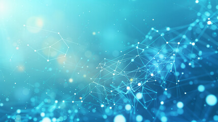 Fototapeta premium a geometric data landscape with interconnected polygons and network lines, set against a vibrant blue background with soft light flares and floating particles. The image captures t