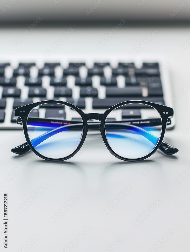 Leinwandbilder A pair of black eyeglasses sits on a white desk with a computer keyboard slightly out of focus in the background. Generative AI