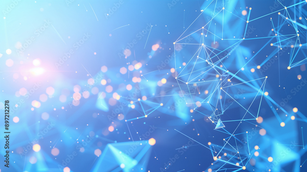 Poster a digital landscape featuring a mesh of interconnected polygons and network lines, with floating triangles and particles against a blue background. The image highlights the fluidit