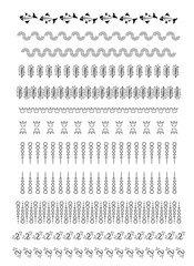 Set of abstract, animalistic and floral decorative lines. Black line stylish design with dots, plants and fish skeletons.