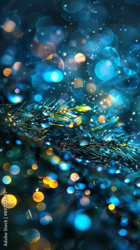 Poster a pine branch with dew drops in a bokeh background