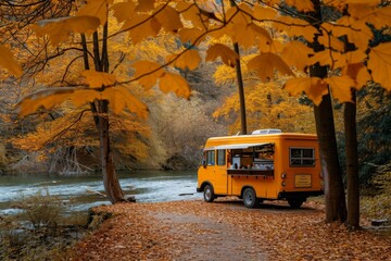 Obraz premium A yellow bus is seen driving down a road next to a flowing river, surrounded by scenic natural landscape, Food truck in an autumn forest setting, AI Generated