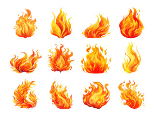 set fire flame vector in cartoon style elements on white background