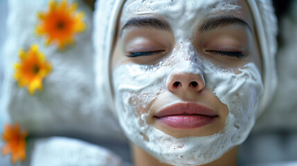 Fototapeta premium Young woman doing facial mask in spa salon. Close up of beautiful woman face lying with closed eyes in salon with moisturizing nourishing mask on her face. Cosmetic anti-aging skin care procedures