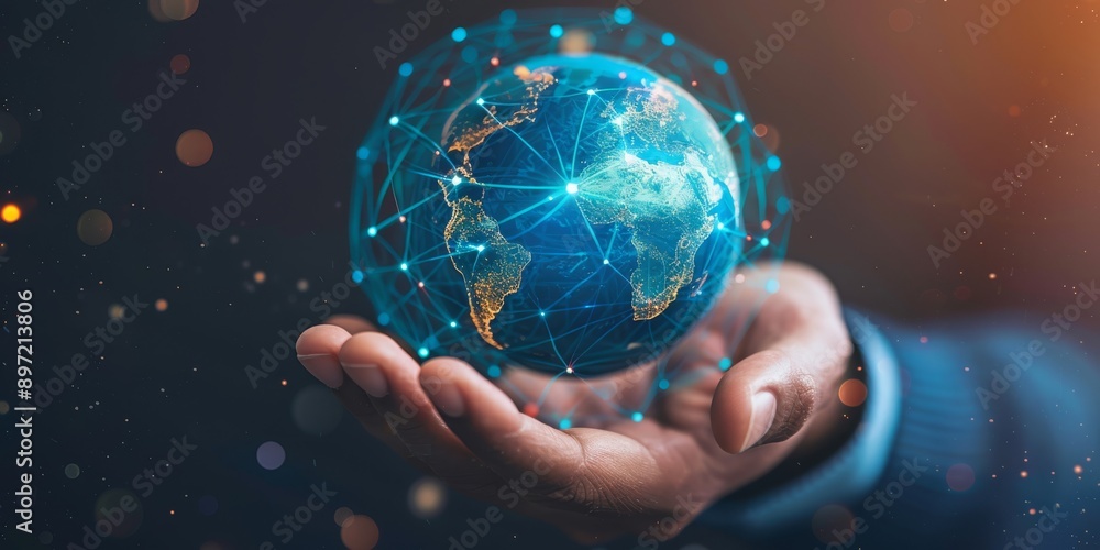 Poster hand holding digital earth globe representing global connectivity and advanced networking technology