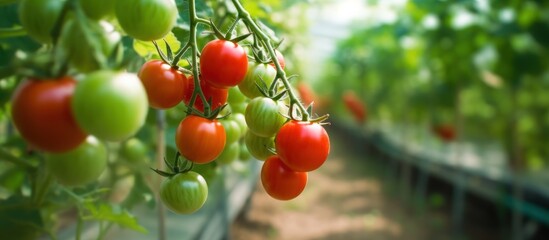Fototapeta premium Close-up of Ripe Tomatoes on a Vine in a Greenhouse
